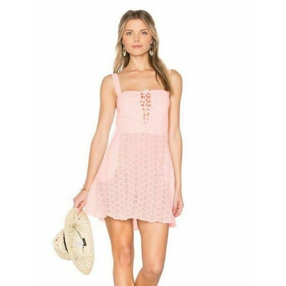 New Flynn Skye Leila Dress Womens XS Blush Pink Eyelet Lace Front Mini Sheer